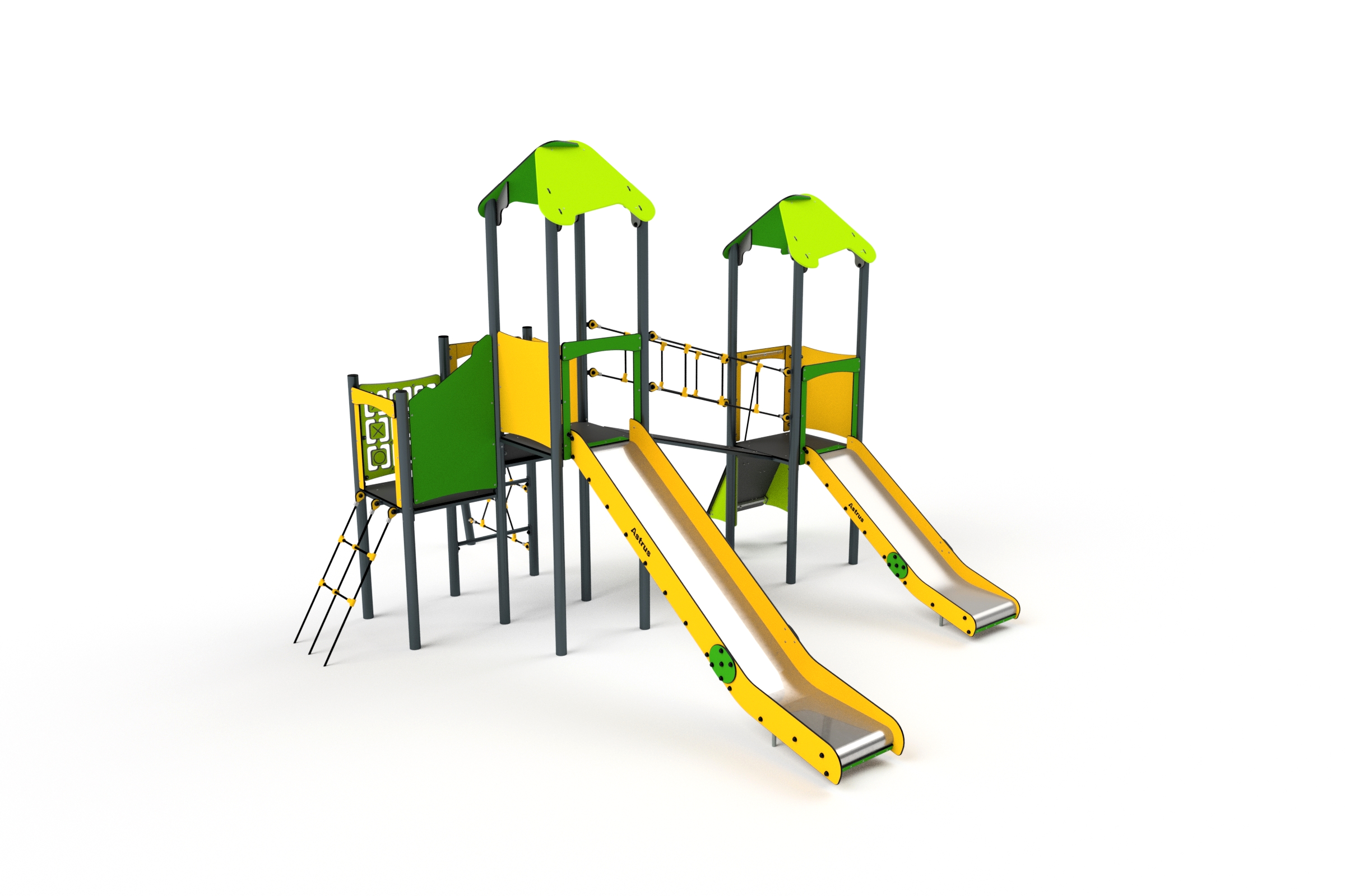 11030 Doppelturm mit Rutschen, Kletternetze, Kletterwand, Brücke und Spielwand Ansicht 2