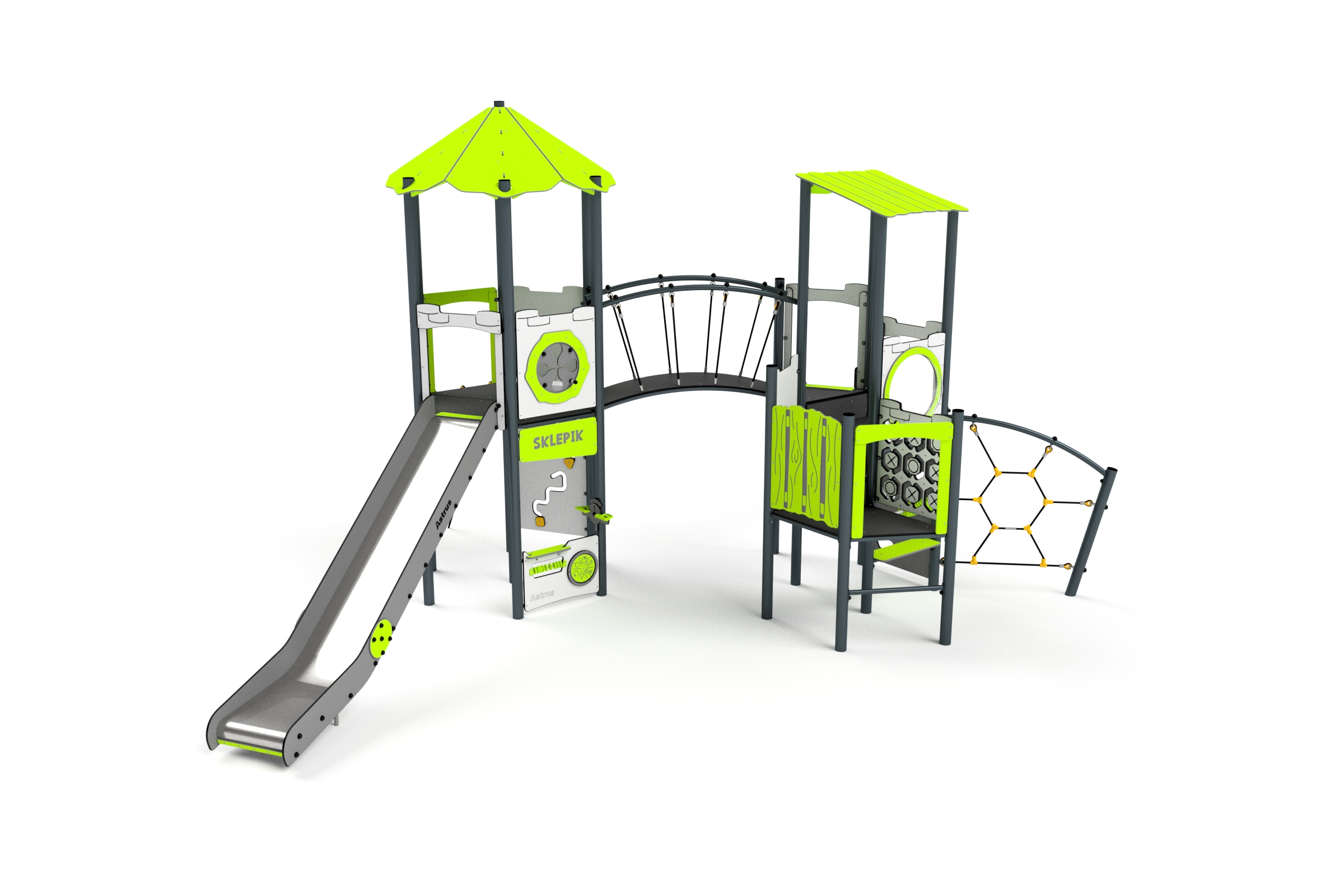 11090 Turm mit Rutsche, Brücke, Kletternetz, Spielwand und Sprossenleiter Ansicht 2