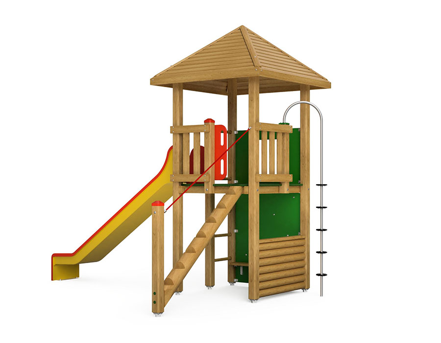 Spielturm-Kombination Kantholz, Podesthöhe 150 cm, Pyramidendach, Rutsche, mit Bergsteigerwand und Kletterstange Ansicht 2