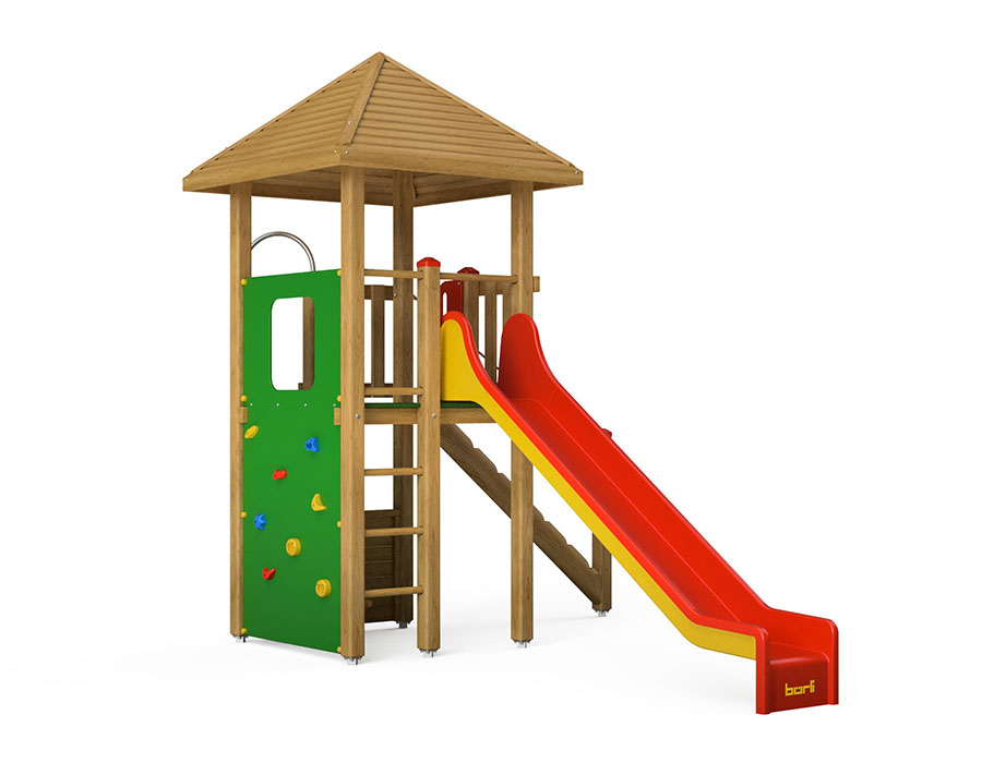 Spielturm-Kombination Kantholz, Podesthöhe 150 cm, Pyramidendach, Rutsche, mit Bergsteigerwand und Kletterstange Ansicht 3