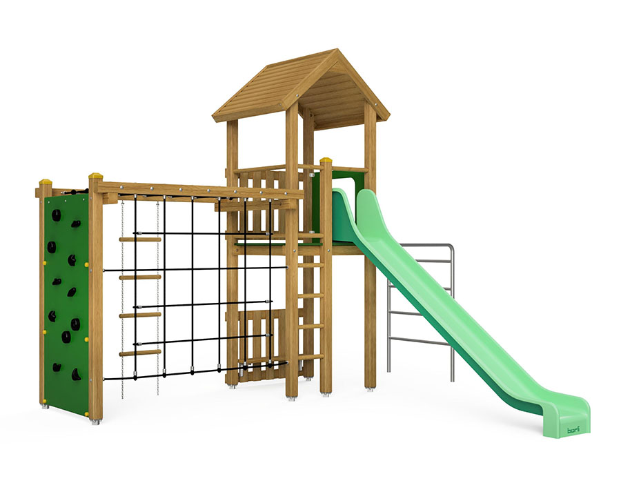Spielturm-Kombination Eco, Podesthöhe 150 cm, Satteldach, Rutsche, mit Kombi-Turner und Bergsteigerwand Ansicht 2
