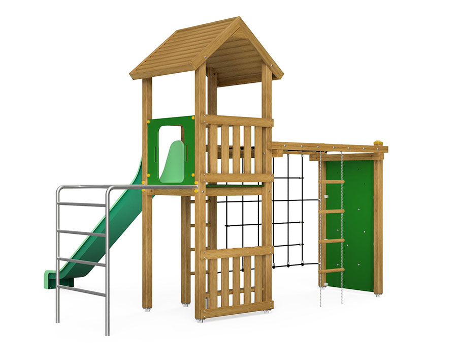 Spielturm-Kombination Eco, Podesthöhe 150 cm, Satteldach, Rutsche, mit Kombi-Turner und Bergsteigerwand Ansicht 3