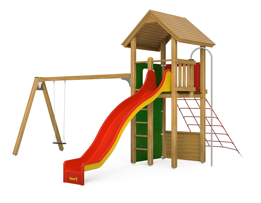 Spielturm-Kombination Kantholz, Podesthöhe 180 cm, Satteldach, Wellenrutsche, mit Schaukel und Feuerwehrstange Ansicht 2