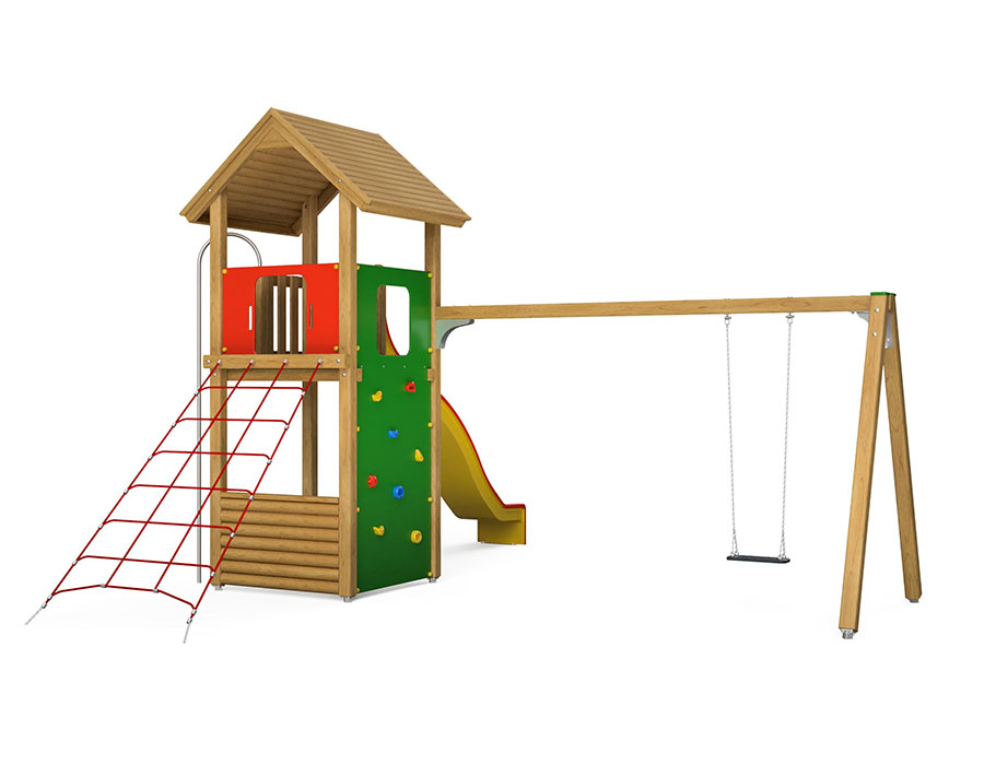 Spielturm-Kombination Kantholz, Podesthöhe 180 cm, Satteldach, Wellenrutsche, mit Schaukel und Feuerwehrstange Ansicht 3