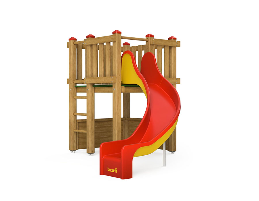 Spielturm-Kombination Kantholz, Podesthöhe 120 cm, Bogenrutsche Ansicht 2