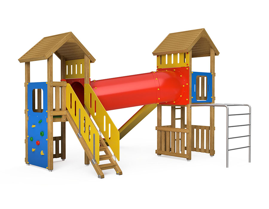 Spielturm-Kombination Eco, Podesthöhen 120/150 cm, Satteldächer, Rutsche, mit Kriechröhre und Bergsteigerwand Ansicht 2