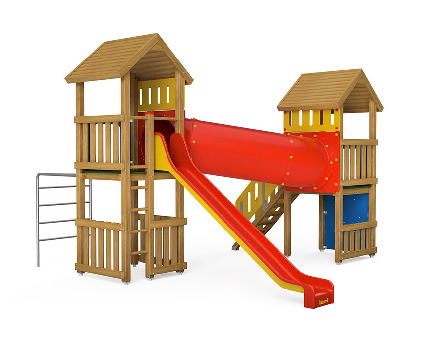 Spielturm-Kombination Eco, Podesthöhen 120/150 cm, Satteldächer, Rutsche, mit Kriechröhre und Bergsteigerwand Ansicht 3