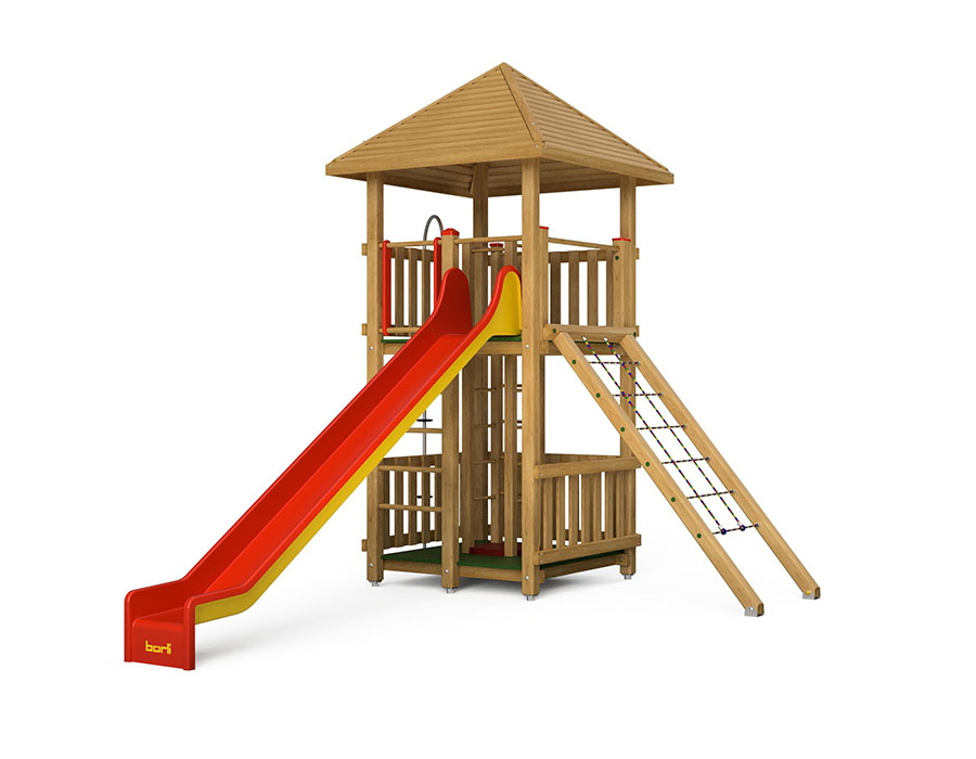 Spielturm-Kombination Kantholz, Podesthöhen 25/200 cm, Pyramidendach, Rutsche Ansicht 2