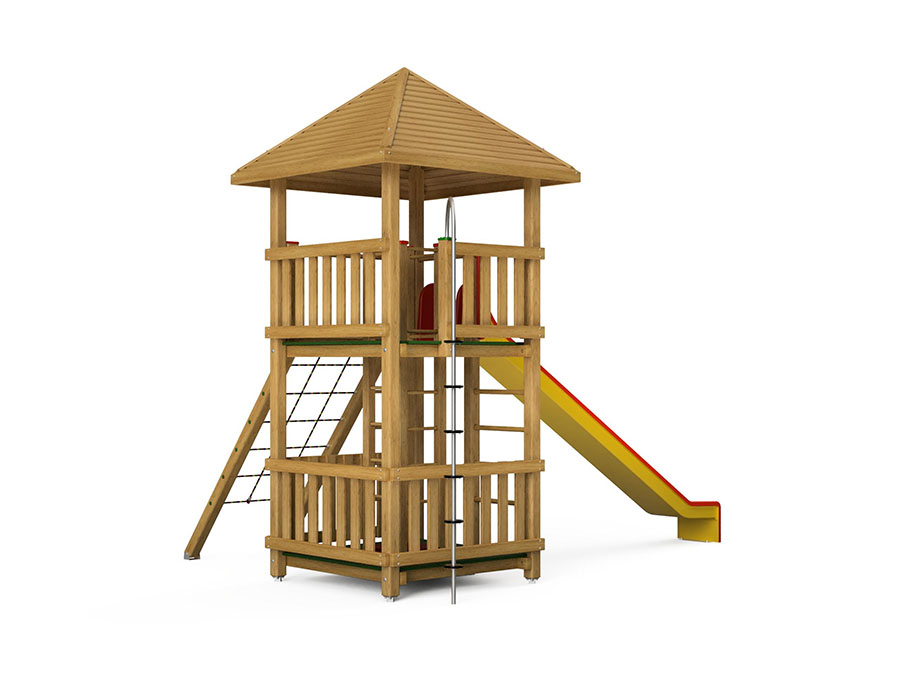Spielturm-Kombination Kantholz, Podesthöhen 25/200 cm, Pyramidendach, Rutsche Ansicht 3