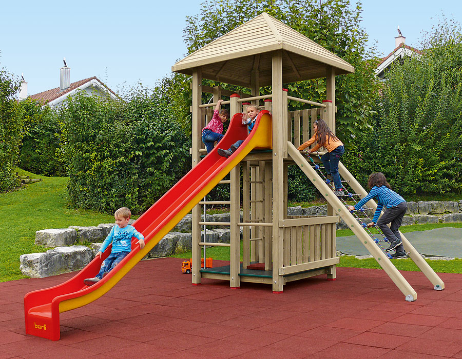 Spielturm-Kombination Kantholz, Podesthöhen 25/200 cm, Pyramidendach, Rutsche Ansicht 4