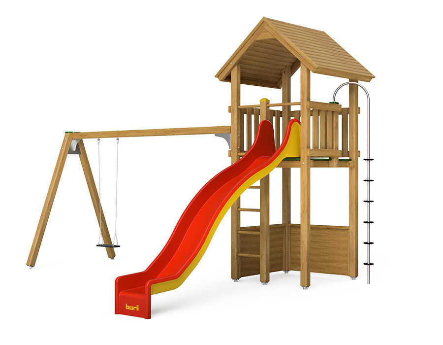 Spielturm-Kombination Kantholz, Podesthöhe 180 cm, Satteldach, Wellenrutsche, mit Schaukel und Kletterstange Ansicht 2