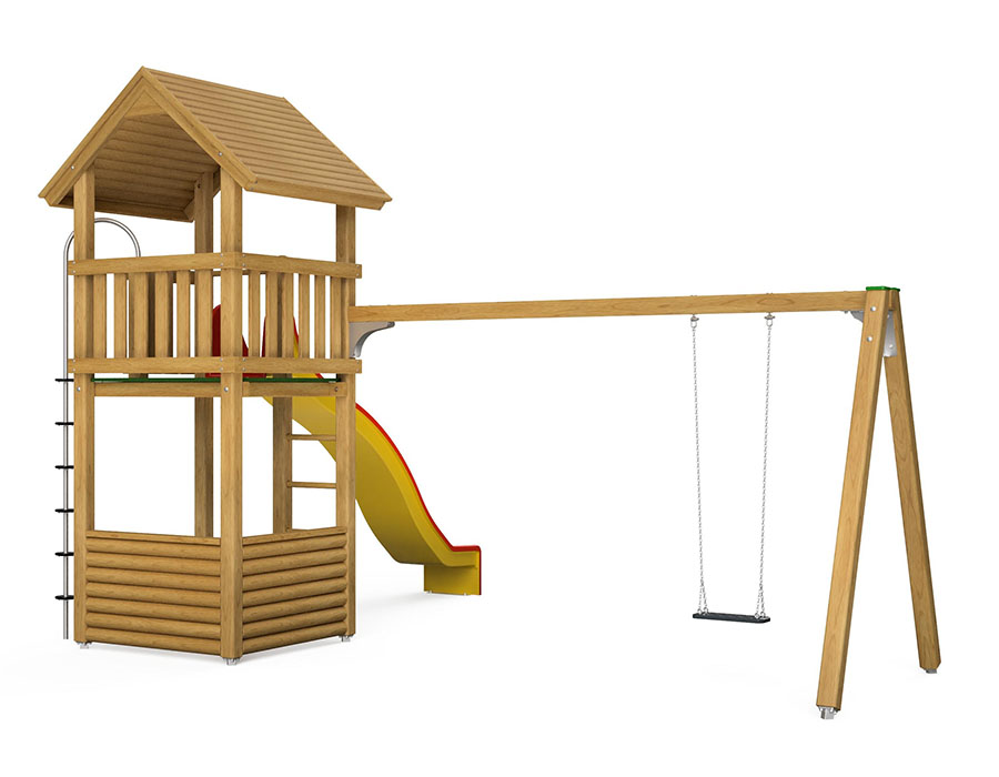 Spielturm-Kombination Kantholz, Podesthöhe 180 cm, Satteldach, Wellenrutsche, mit Schaukel und Kletterstange Ansicht 3