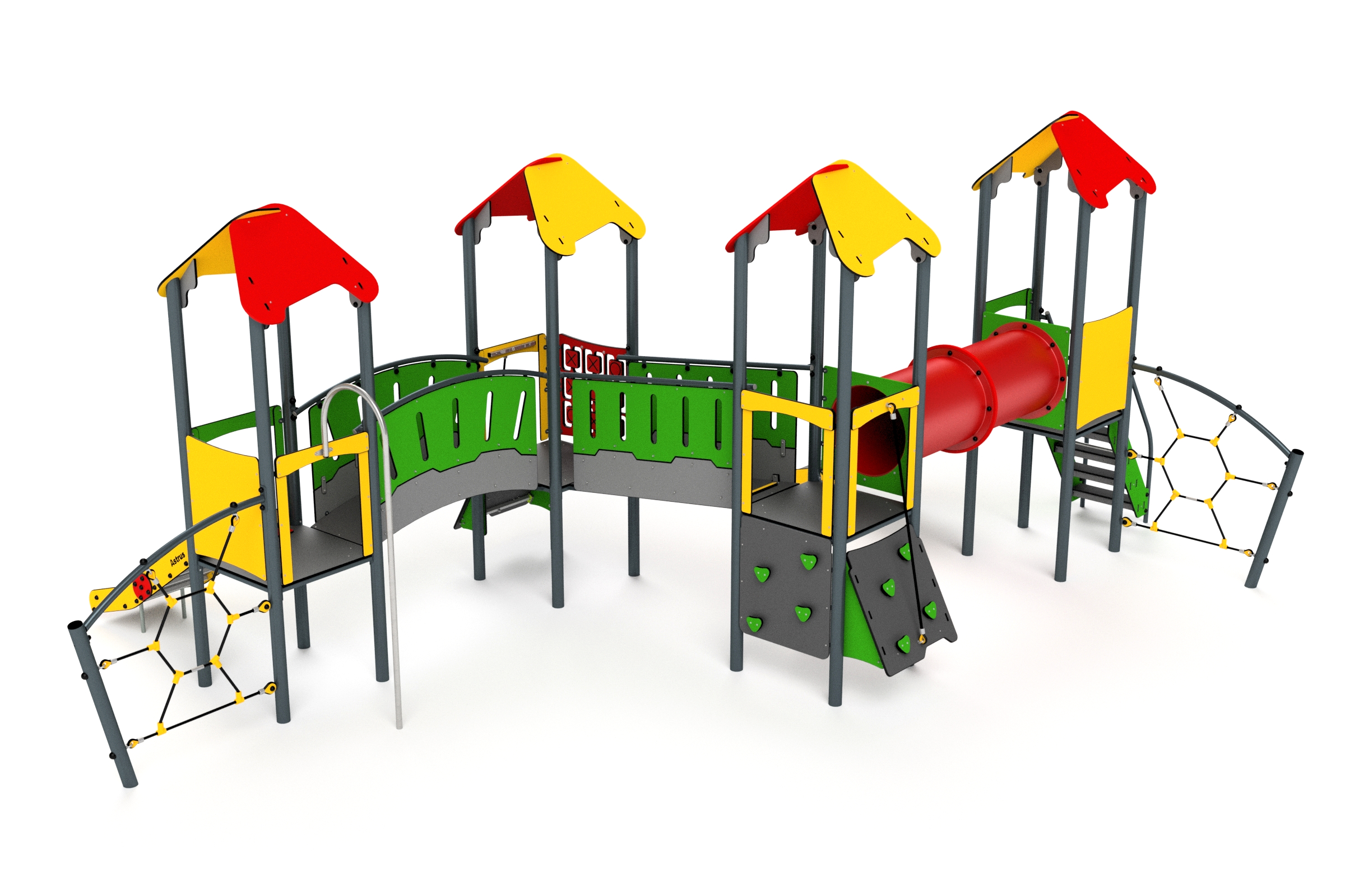 11042 4-Turm mit Rutschen, Kletterwand, Netze, Feuerwehrstange, Spielwand, Brücken und Tunnel Ansicht 5