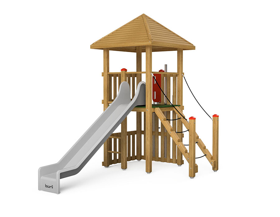Spielturm-Kombination Kantholz, Podesthöhe 150 cm, Pyramidendach, Rutsche, mit Stangenwald und Kletteraufstieg Ansicht 2