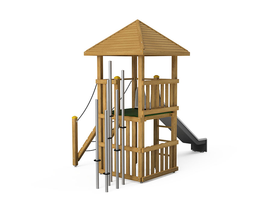 Spielturm-Kombination Kantholz, Podesthöhe 150 cm, Pyramidendach, Rutsche, mit Stangenwald und Kletteraufstieg Ansicht 3