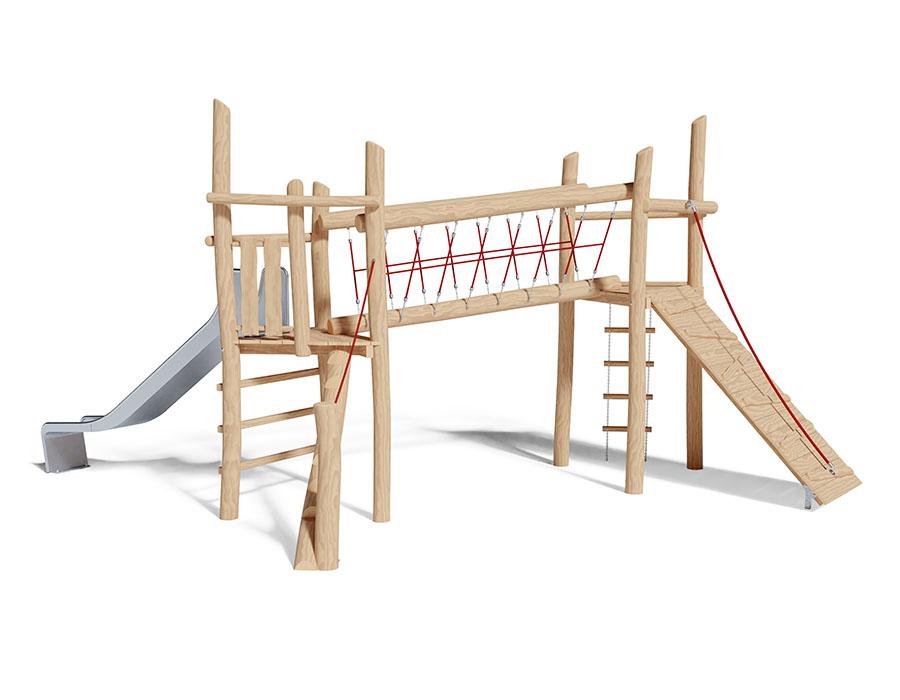 Spielturm-Kombination Robinie, Podesthöhen 150/180 cm, Rutsche Edelstahl, mit Netzbrücke Ansicht 2