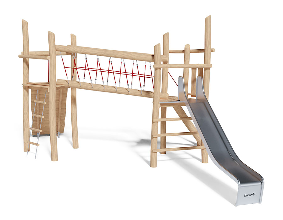Spielturm-Kombination Robinie, Podesthöhen 150/180 cm, Rutsche Edelstahl, mit Netzbrücke Ansicht 3