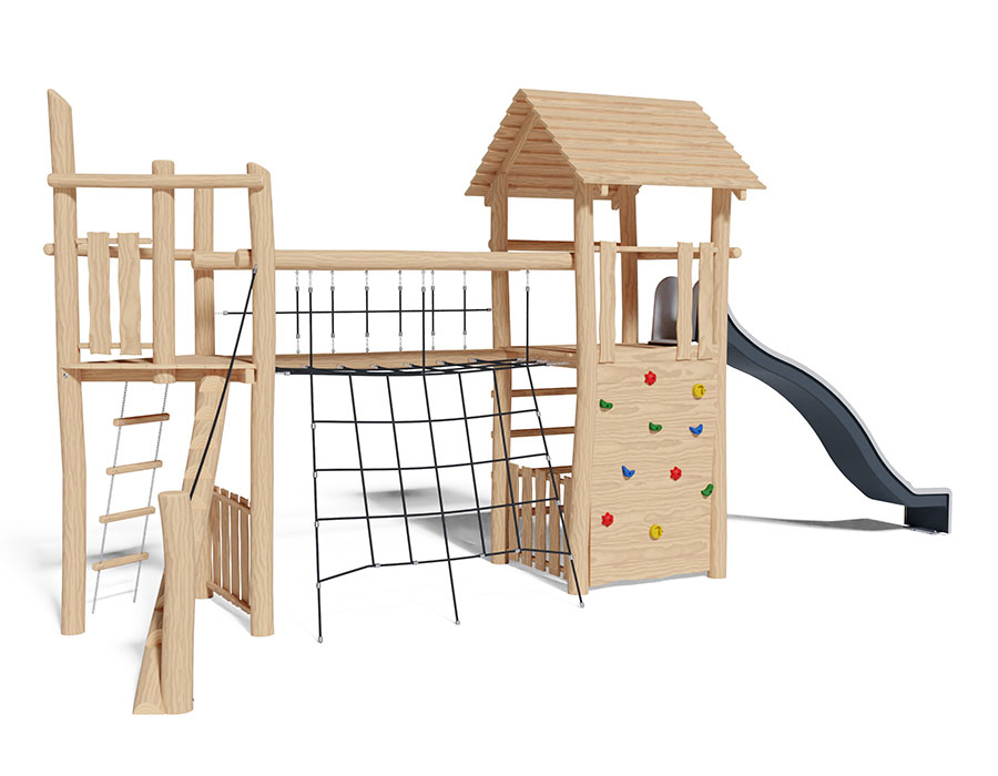 Spielturm-Kombination Robinie, Podesthöhen 180 cm, Satteldach, Rutsche Ansicht 2