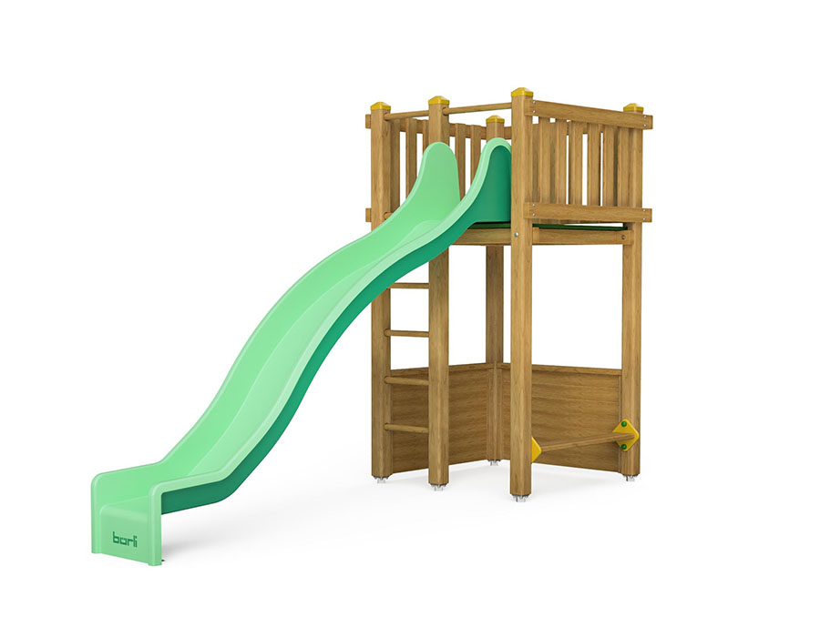 Spielturm-Kombination Kantholz, Podesthöhe 180 cm, Wellenrutsche Ansicht 2
