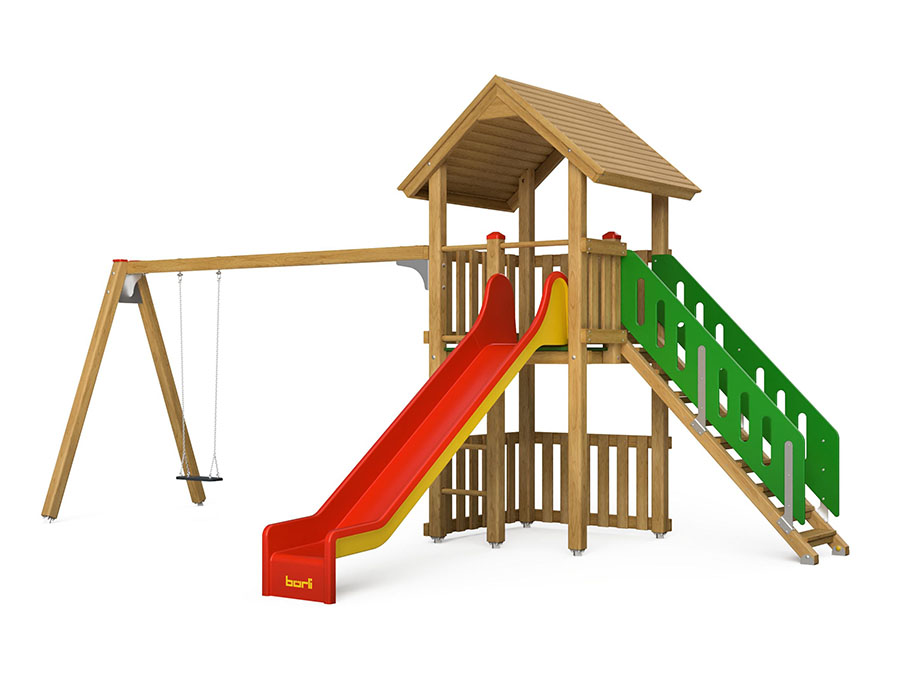 Spielturm-Kombination Kantholz, Podesthöhe 150 cm, Satteldach, Rutsche, mit Schaukel Ansicht 2