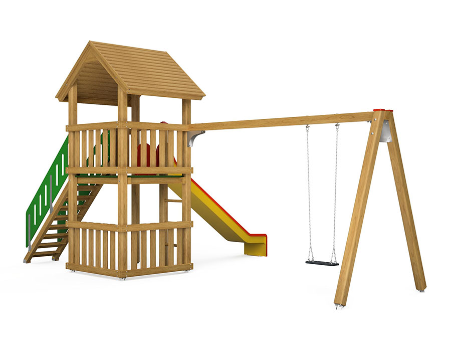 Spielturm-Kombination Kantholz, Podesthöhe 150 cm, Satteldach, Rutsche, mit Schaukel Ansicht 3