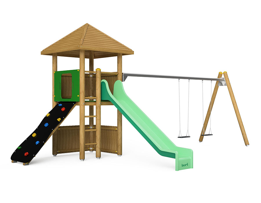 Spielturm-Kombination Rundholz, Podesthöhe 150 cm, Pyramidendach, Rutsche, mit Schaukel 2 Sitze Ansicht 2