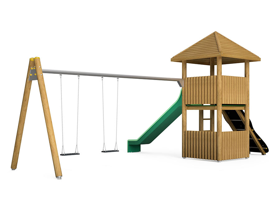 Spielturm-Kombination Rundholz, Podesthöhe 150 cm, Pyramidendach, Rutsche, mit Schaukel 2 Sitze Ansicht 3