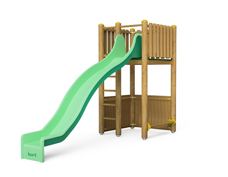 Spielturm-Kombination Rundholz, Podesthöhe 180 cm, Wellenrutsche Ansicht 2