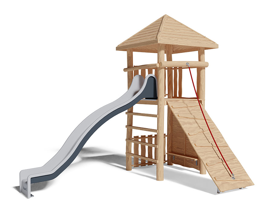 Spielturm-Kombination Robinie, Podesthöhe 180 cm, Pyramidendach, Rutsche Ansicht 2