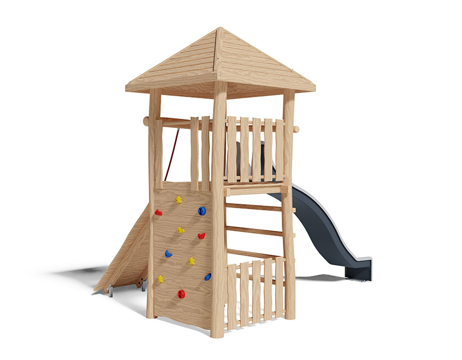 Spielturm-Kombination Robinie, Podesthöhe 180 cm, Pyramidendach, Rutsche Ansicht 3