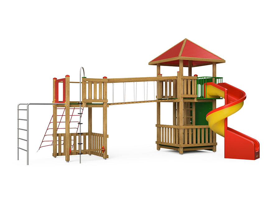 Spielturm-Kombination Kantholz, Podesthöhen 25/180/200 cm, Pyramidendach, Spiralrutsche Ansicht 2