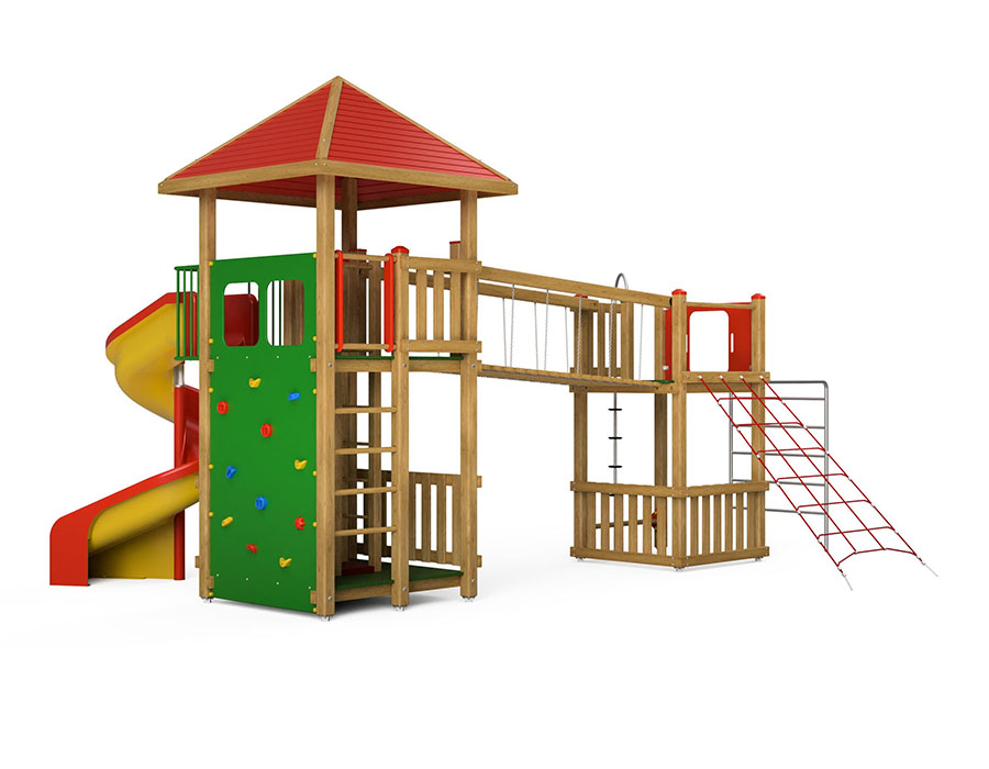 Spielturm-Kombination Kantholz, Podesthöhen 25/180/200 cm, Pyramidendach, Spiralrutsche Ansicht 3