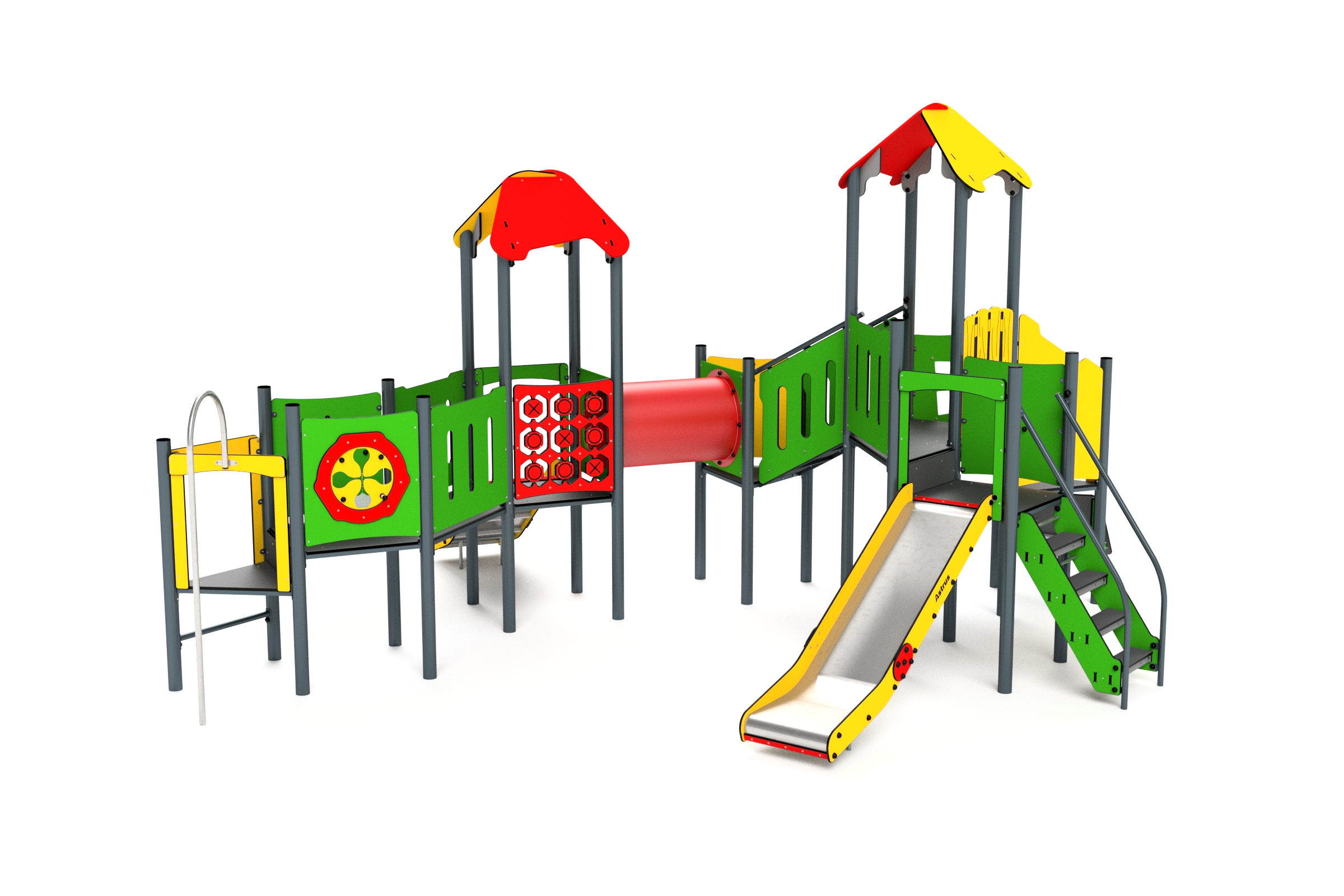 11077 Doppelturm mit Rutsche, Tunnel, Spielwänden, Kletterwänden, Feuerwehrstange, Brücken und Sprossenleiter Ansicht 5