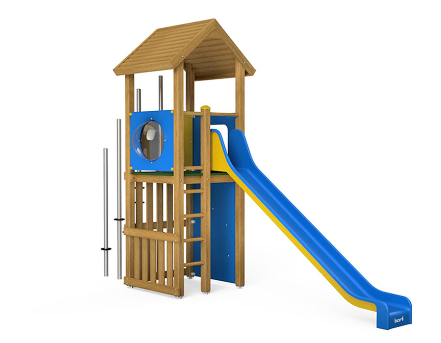 Spielturm-Kombination Eco, Podesthöhe 150 cm, Satteldach, Rutsche, mit Stangenwald und Bergsteigerwand Ansicht 2