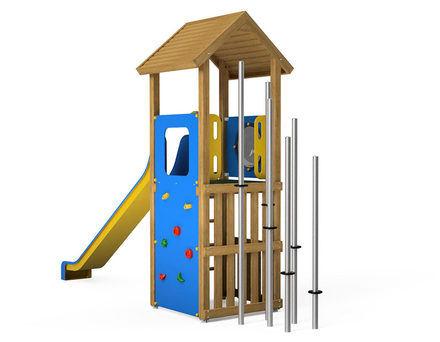 Spielturm-Kombination Eco, Podesthöhe 150 cm, Satteldach, Rutsche, mit Stangenwald und Bergsteigerwand Ansicht 3