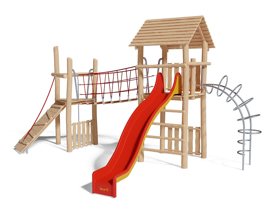 Spielturm-Kombination Robinie, Podesthöhen 150/180 cm, Satteldach, Rutsche Ansicht 2