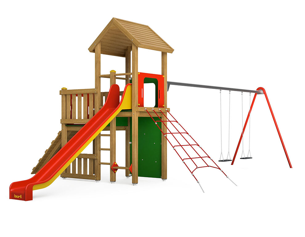 Spielturm-Kombination Eco, Podesthöhen 120/150 cm, Satteldach, Rutsche, mit Schaukel 2 Sitze Ansicht 2