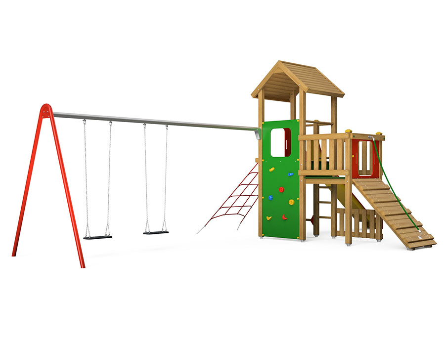 Spielturm-Kombination Eco, Podesthöhen 120/150 cm, Satteldach, Rutsche, mit Schaukel 2 Sitze Ansicht 3