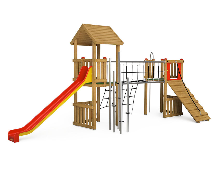 Spielturm-Kombination Eco, Podesthöhen 150 cm, Satteldach, Rutsche Ansicht 2