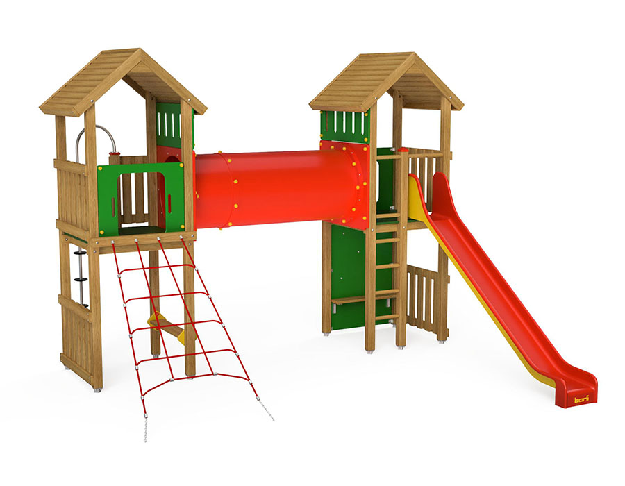 Spielturm-Kombination Eco, Podesthöhen 150 cm, Satteldächer, Rutsche, mit Kriechröhre Ansicht 2