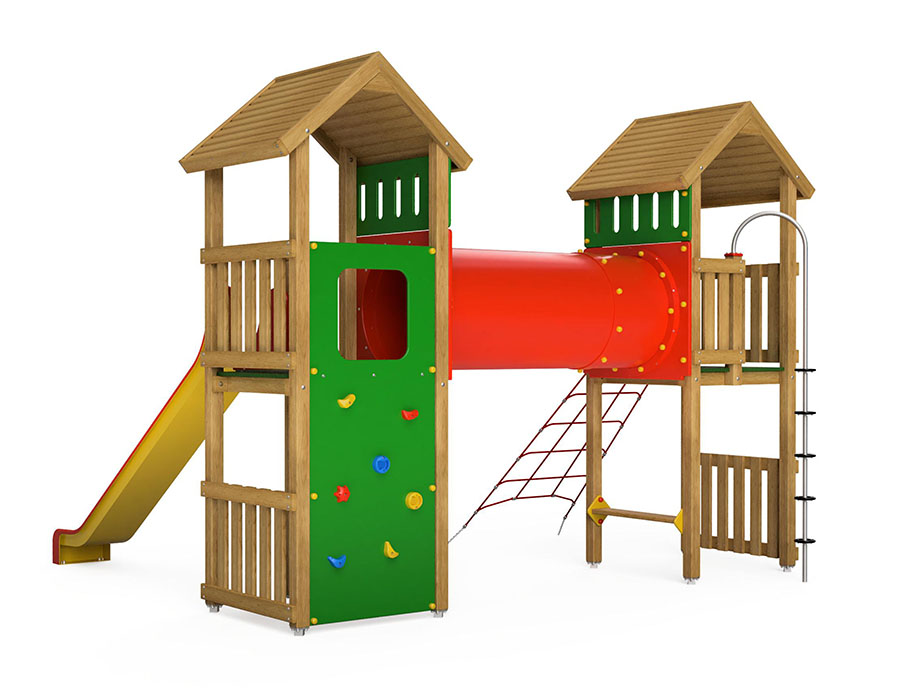 Spielturm-Kombination Eco, Podesthöhen 150 cm, Satteldächer, Rutsche, mit Kriechröhre Ansicht 3