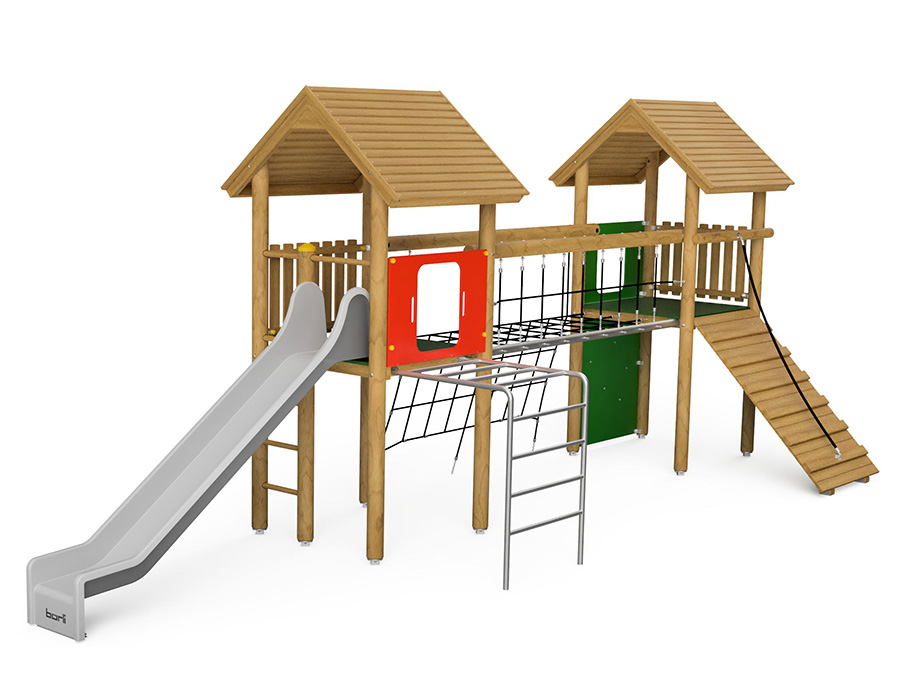 Spielturm-Kombination Rundholz, Podesthöhen 150 cm, Satteldach, Rutsche, mit Netzbrücke Ansicht 2