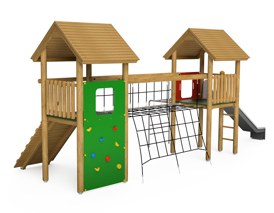 Spielturm-Kombination Rundholz, Podesthöhen 150 cm, Satteldach, Rutsche, mit Netzbrücke Ansicht 3