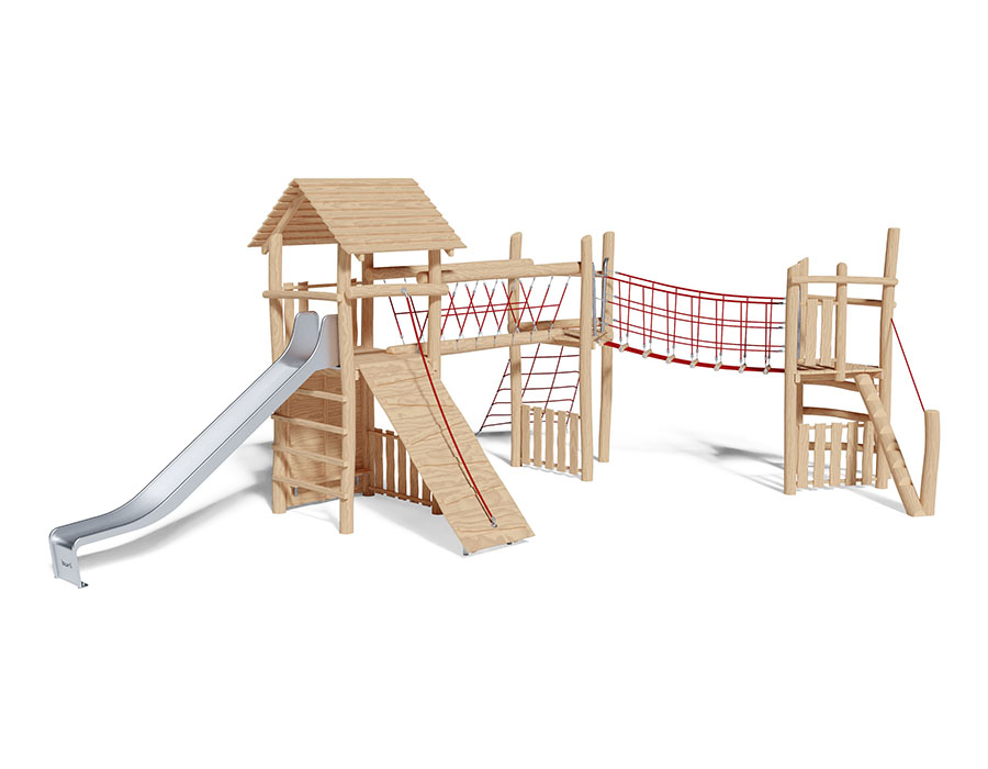 Spielturm-Kombination Robinie, Podesthöhen 150/180 cm, Satteldach, Rutsche Edelstahl Ansicht 2