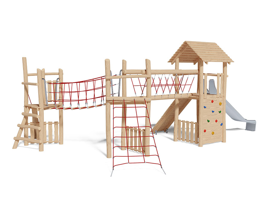 Spielturm-Kombination Robinie, Podesthöhen 150/180 cm, Satteldach, Rutsche Edelstahl Ansicht 3