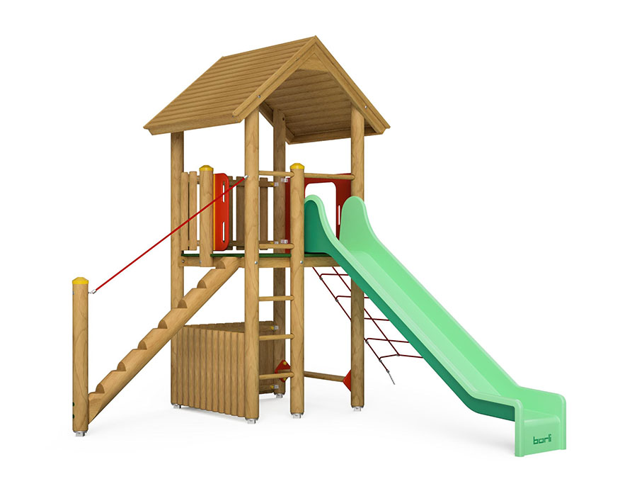Spielturm-Kombination Rundholz, Podesthöhe 150 cm, Satteldach, Rutsche, mit Kletternetz und Baumstammaufstieg Ansicht 2