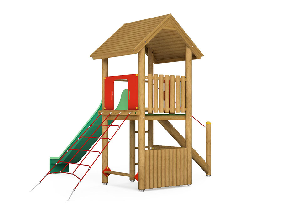 Spielturm-Kombination Rundholz, Podesthöhe 150 cm, Satteldach, Rutsche, mit Kletternetz und Baumstammaufstieg Ansicht 3