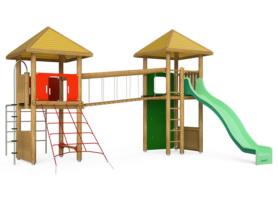 Spielturm-Kombination Rundholz, Podesthöhen 150/180 cm, Pyramidendach, Wellenrutsche Ansicht 2