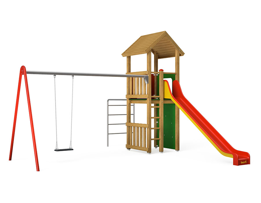 Spielturm-Kombination Eco, Podesthöhe 150 cm, Satteldach, Rutsche, mit Schaukel und Bergsteigerwand Ansicht 2