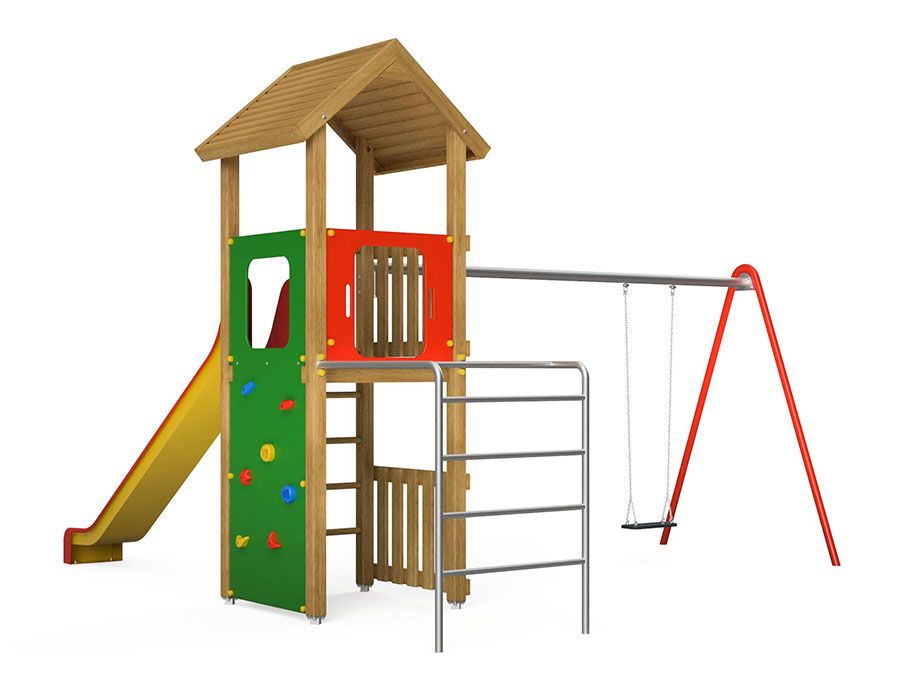 Spielturm-Kombination Eco, Podesthöhe 150 cm, Satteldach, Rutsche, mit Schaukel und Bergsteigerwand Ansicht 3